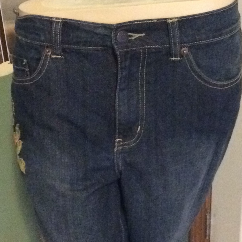New York & Company Dark Blue Boot Cut Jeans with Red Floral Embroidery - Picture 4 of 10